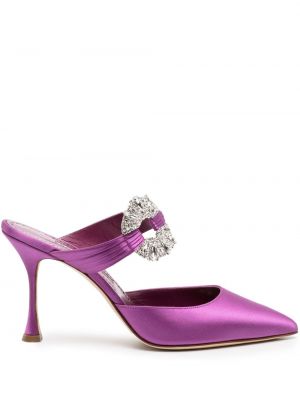 Papuci tip mules cu cataramă de cristal Manolo Blahnik violet