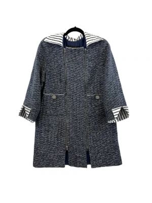 Płaszcz bawełniany tweedowy Chanel niebieski