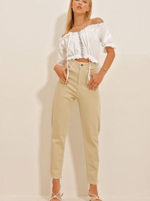 Spodnie z wysoką talią Trend Alaçatı Stili beżowe