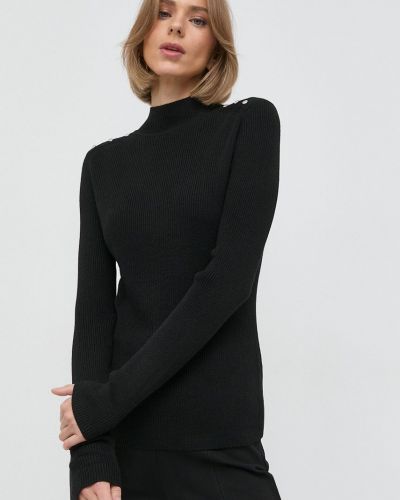 BOSS gyapjú pulóver könnyű, női, fekete, félgarbó nyakú