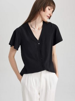 Bluza z v-izrezom s kratkimi rokavi Defacto črna