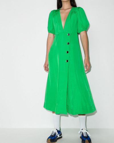 Vestido midi con escote v Ganni verde