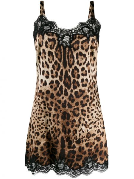 Saténové šaty s potlačou s leopardím vzorom Dolce & Gabbana hnedá