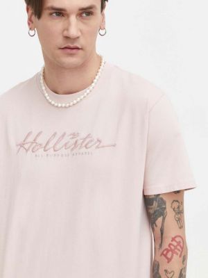 Памучна тениска с дълъг ръкав с апликация Hollister Co. розово