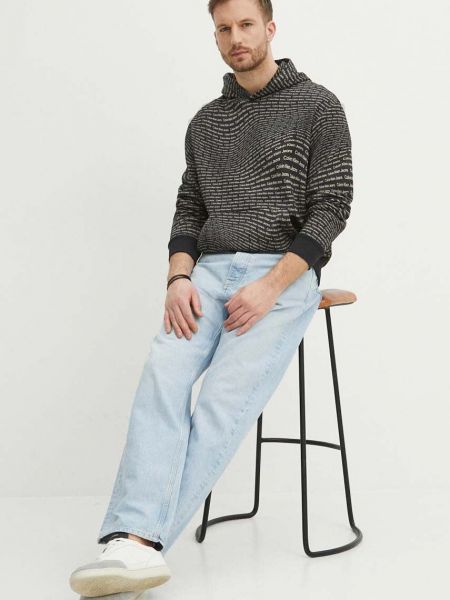 Pamučna hoodie s kapuljačom s printom Calvin Klein Jeans crna