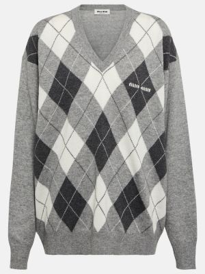 Kašmírový sveter s vzorom argyle Miu Miu sivá
