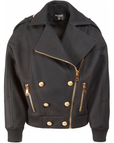 Oversized vlněný krátký kabát na zip Balmain černý