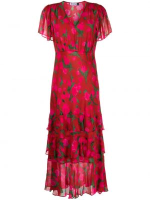Červené květinové hedvábné midi šaty s potiskem Rixo