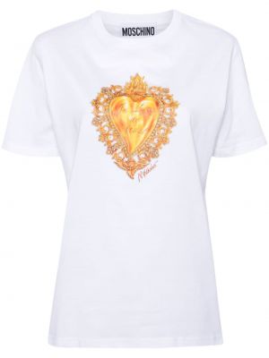 Bombažna majica s potiskom z vzorcem srca Moschino bela