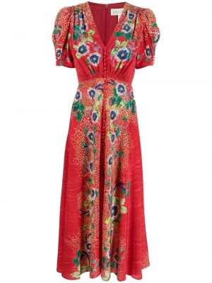 Květinové hedvábné mini šaty s výstřihem do v Saloni - červená