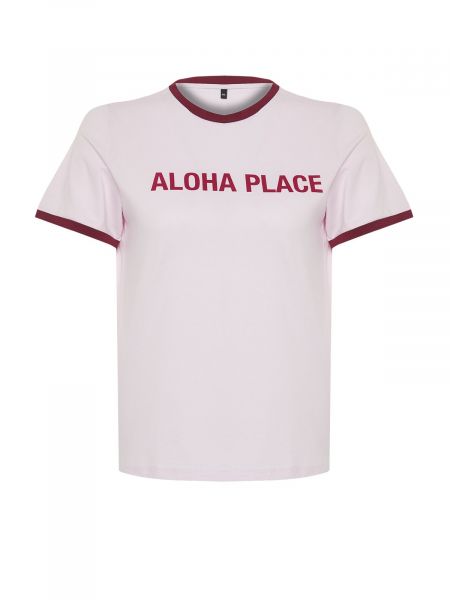 Adīti svītrainas t-krekls ar apdruku Trendyol rozā