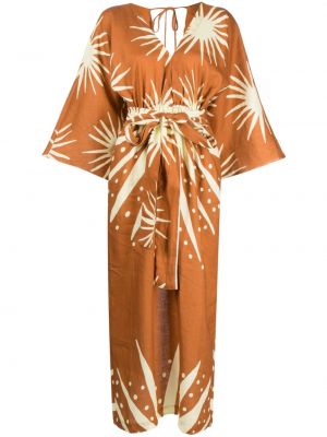 Lanena srajčna obleka s potiskom Cala De La Cruz rjava