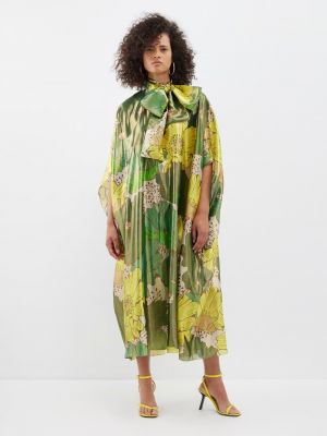 Зеленое шелковое платье с бантом в цветочек Halpern