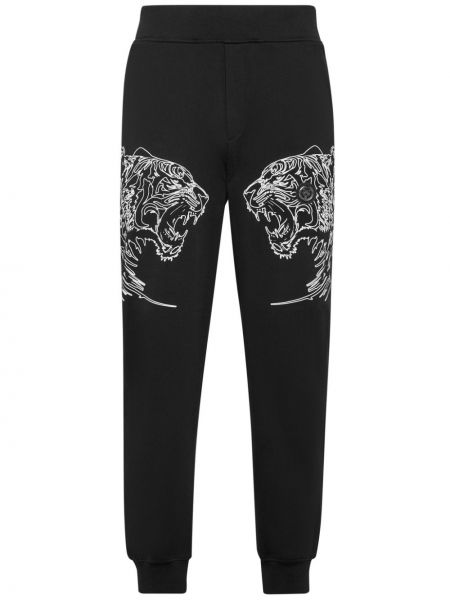 Tigrované bavlnené teplákové nohavice s potlačou Plein Sport čierna