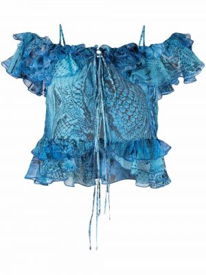 Ruffle trykt silke kort bluse Blumarine blå