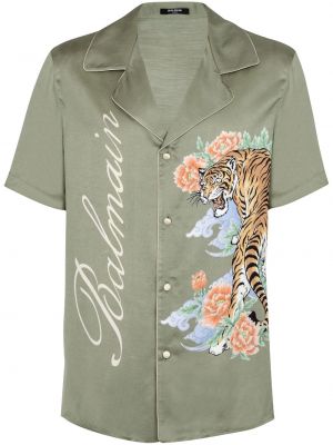 Satenska košulja s printom s uzorkom tigra Balmain zelena