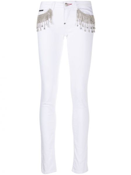 Jeansy skinny z frędzli slim fit z kryształkami Philipp Plein białe