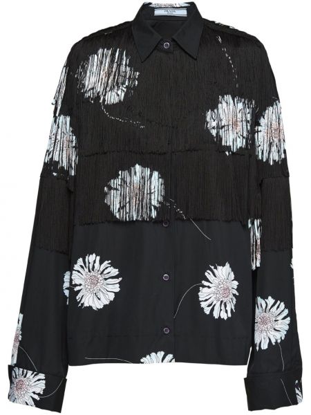 Bombažna srajca s cvetličnim vzorcem s potiskom Prada črna