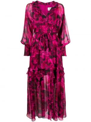 Květinové dlouhé šaty s potiskem Marchesa Rosa růžové