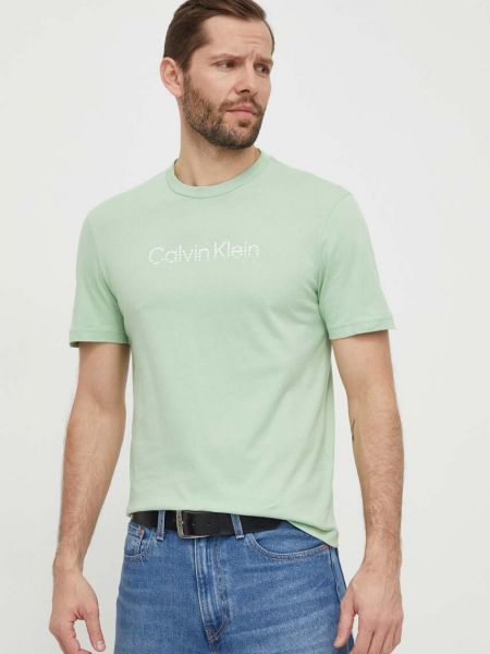 Памучна тениска с дълъг ръкав с принт Calvin Klein зелено