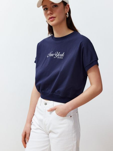 Πλεκτή βαμβακερή μπλούζα με σχέδιο Trendyol μπλε