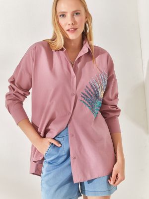 Pletena košulja sa šljokicama oversized Olalook ružičasta
