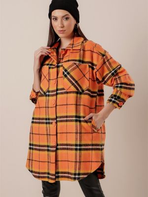 Volnena srajca s karirastim vzorcem z žepi By Saygı oranžna