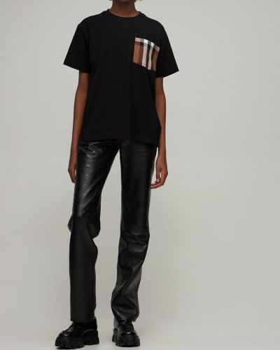 Kockované bavlnené tričko s vreckami Burberry čierna