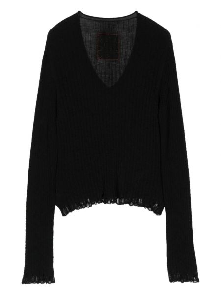Sweter z przetarciami z dekoltem w serek Uma Wang czarny