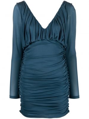 Mini obleka z v-izrezom z draperijo Saint Laurent modra