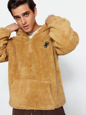 Siuvinėtas džemperis su gobtuvu su užtrauktuku oversize Trendyol smėlinė