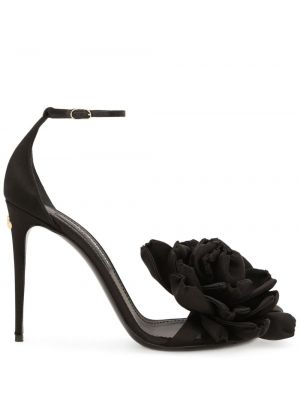 Satenaste sandali s cvetličnim vzorcem Dolce & Gabbana črna