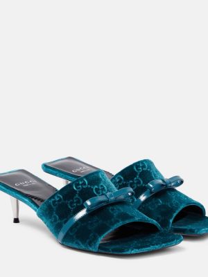 Aksamitne klapki mules skórzane Gucci niebieskie
