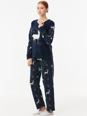 Флисовая пижама с вышивкой с круглым вырезом Fullamoda синяя