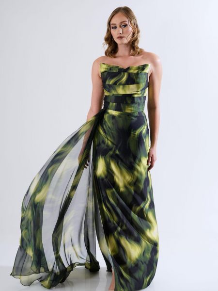 Сатенена вечерна рокля с принт Carmen зелено