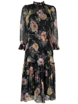 Jedwabna sukienka midi w kwiatki Zimmermann czarna