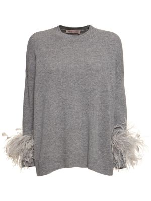 Vlnený sveter s perím Valentino sivá