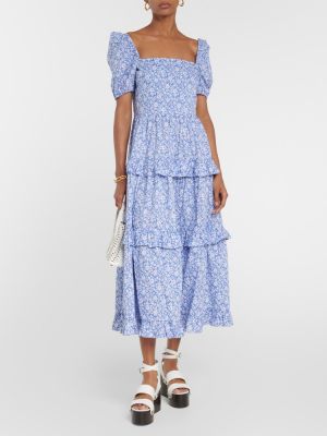 Bombažna midi obleka s cvetličnim vzorcem Polo Ralph Lauren modra