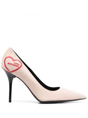 Кожени полуотворени обувки бродирани Love Moschino розово