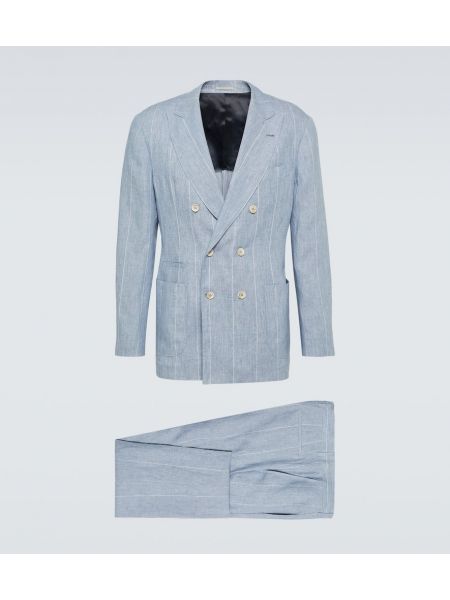 Pruhovaný lněný oblek Brunello Cucinelli modrý
