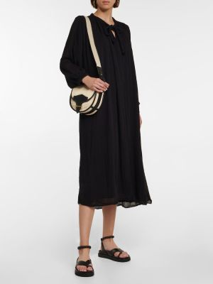 Bombažna žametna dolga obleka iz rebrastega žameta Velvet črna