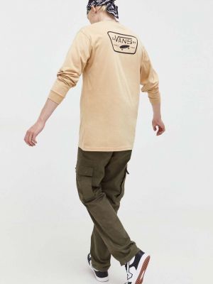 Bavlněné tričko s dlouhým rukávem s potiskem s dlouhými rukávy Vans béžové