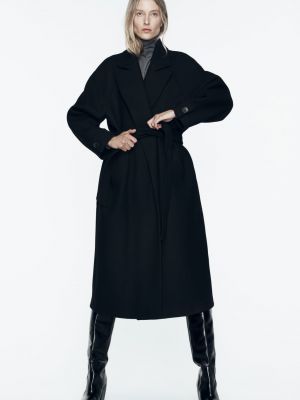 Шерстяное длинное пальто Zara черное