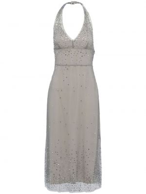 Вечерна рокля бродирана от тюл с кристали Prada сиво