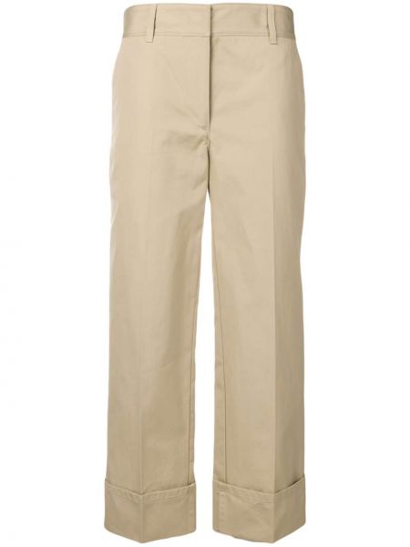Luźne spodnie z wysoką talią bawełniane z paskiem Prada - beżowy