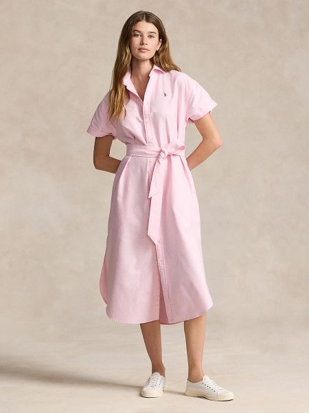 Vestido midi de algodón manga corta Polo Ralph Lauren rosa