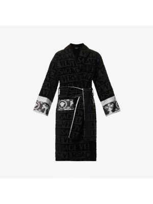 Хлопковый махровый халат с логотипом и принтом в стиле барокко Versace черный