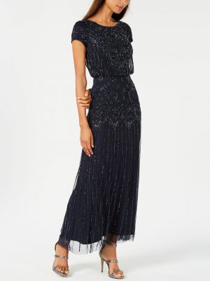 Женское прозрачное платье с короткими рукавами, расшитое бисером Adrianna Papell, темно-синий