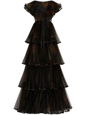 Kvetinové večerné šaty s potlačou s volánmi Etro čierna