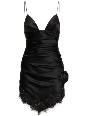 Копринена сатенена мини рокля с дантела Alessandra Rich черно